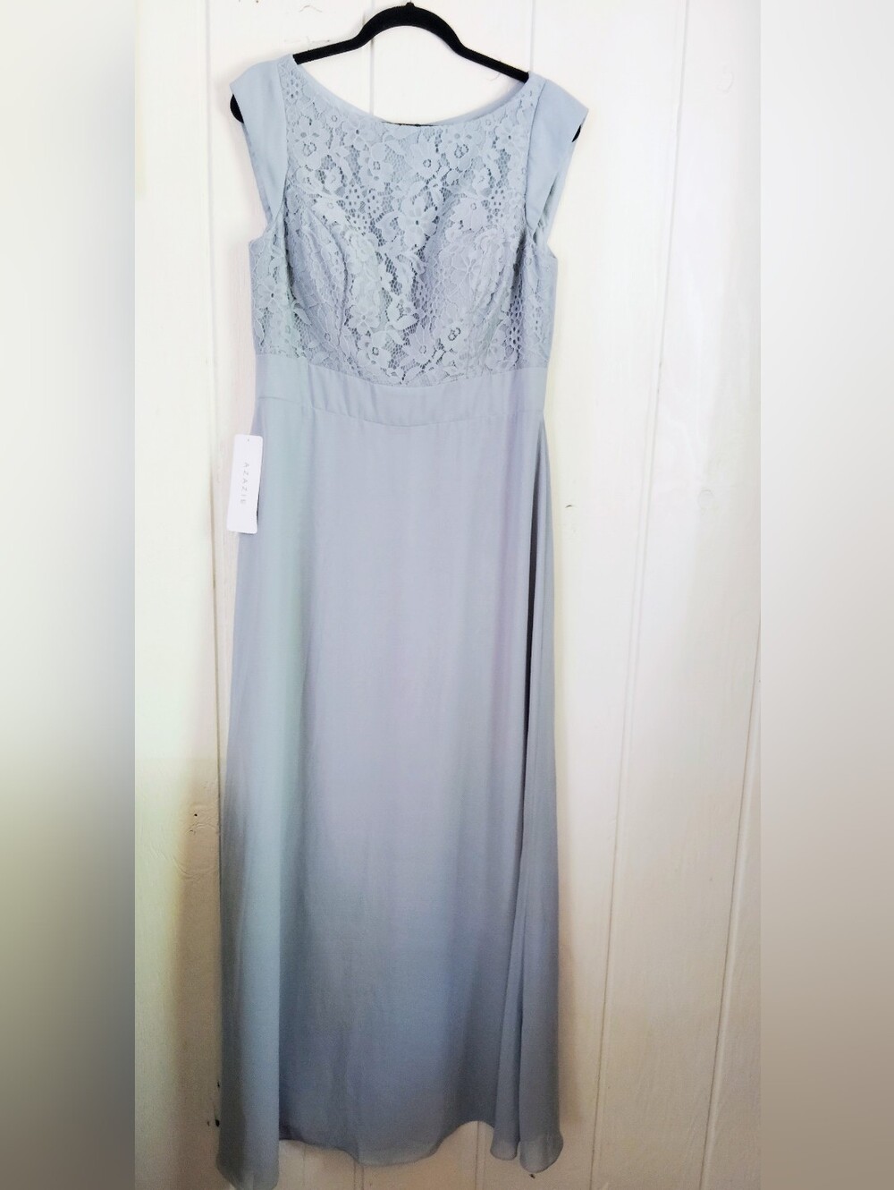 NWT!! Azazie Bettina A-line Lace Bodice Maxi Dress in Dusty Blue. Size 12 - Picture 9 of 14